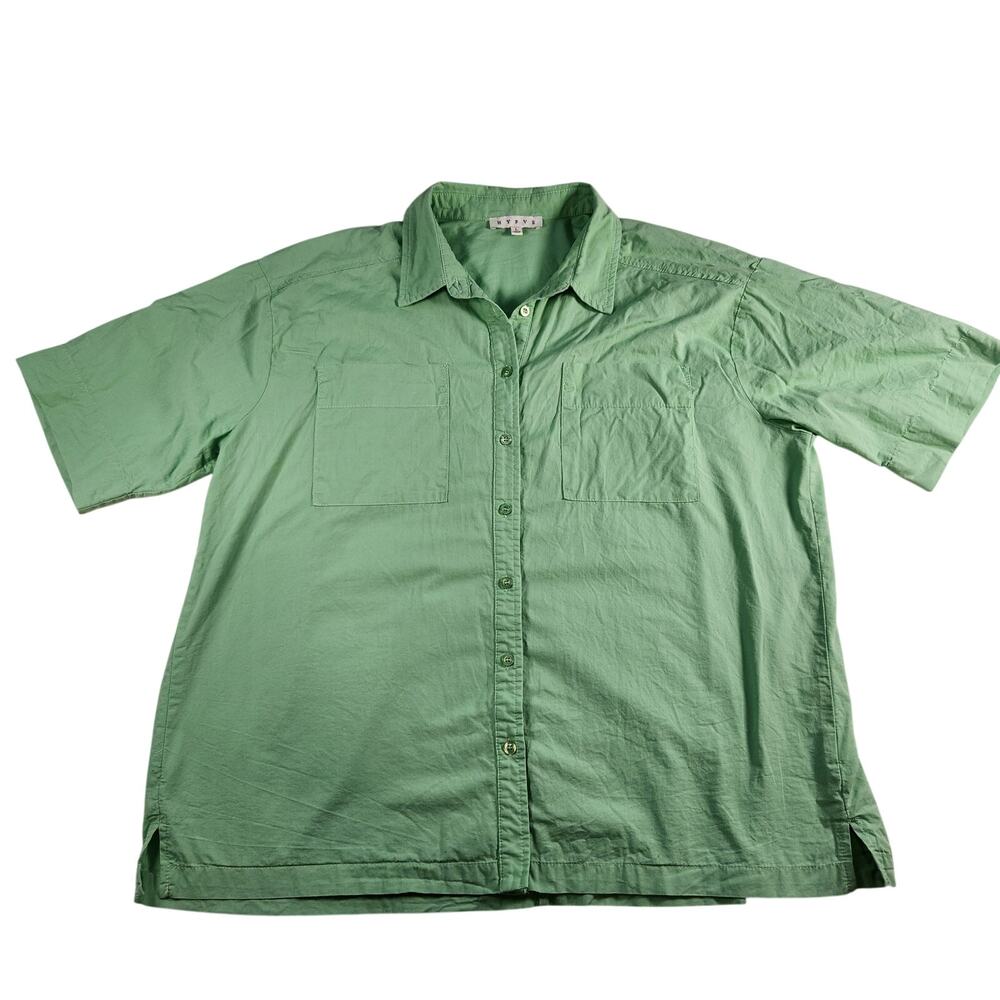 Hyfve Lightweight Cotton Light Green Button Up Short Sleeve Shirt - Womens Large